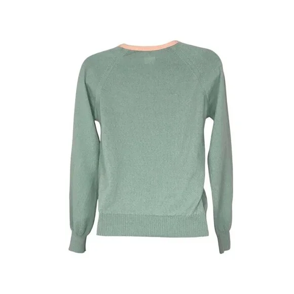 Paul & Joe Light Weight 100% Wool Boat Neck Sweater Green & Peach Size 2 - Picture 5 of 7